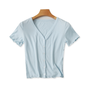 1784针织花边小衫木耳边棉质v领纽扣，纯色开衫短款时尚t恤衫外贸