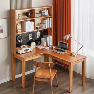 转角书桌书架组合一体樱桃木，家用l型卧室，写字台拐角学习电脑桌子
