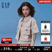 gap女装2024夏季斜纹布短款宽松夹克翻领，工装风外套874495