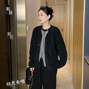 欧尼家秋季针织衫女宽松圆领休闲潮流长袖，外套黑色毛衣开衫