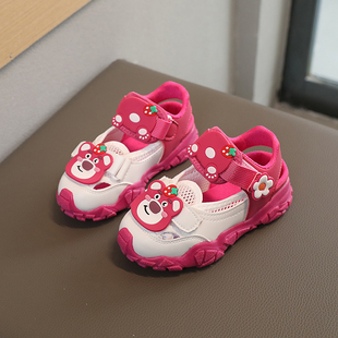草莓熊运动凉鞋女童鞋子玫红色2024夏季小女孩公主网面包头沙滩鞋