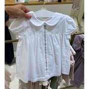 韩国su家童装23夏女宝童上衣，薄款白色绣花翻领，短袖娃娃衫衬衫ac