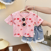 2023童装儿童T恤夏洋气女童宝宝卡通草莓熊粉色纯棉短袖上衣