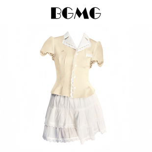 芭蕾风甜美高腰白色蛋糕裙，翻领蕾丝短袖衬衫短款上衣两件套女夏季