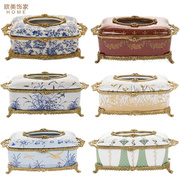 欧式陶瓷配铜纸巾盒 创意奢华高档摆件 客厅茶几美式复古抽纸盒