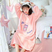 韩版加绒加厚长款法兰绒睡裙，女秋冬季甜美可爱长袖珊瑚绒睡衣裙袍