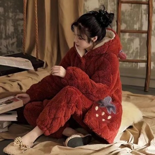 冬季加厚珊瑚绒夹棉睡衣女士可爱加绒韩版套装冬天保暖加棉家居服