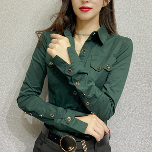 长袖衬衫女2023修身显瘦韩版洋气打底衫气质，上衣绿色职业衬衣