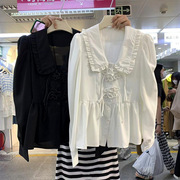 韩国东大门春季时尚，气质甜美宽松白色娃娃领长袖衬衫女装