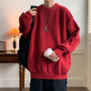 红色毛衣男复古慵懒风潮牌日系情侣装宽松高级感针织衫外套毛线衣