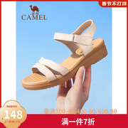 骆驼女鞋2023夏季凉鞋真皮软底中老年舒适坡跟魔术贴时装凉鞋女子