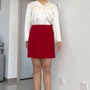 富耀姿红色羊绒短裙高腰A字半身裙OL花苞裙本命年中国红女裙
