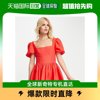 香港直邮潮奢asos女士，设计束腰亚麻迷你泡泡袖，红色宽裙摆连衣裙