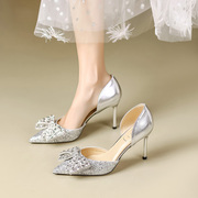银色水钻蝴蝶羊皮新娘婚鞋女细跟法式中空高跟鞋尖头亮片包头凉鞋