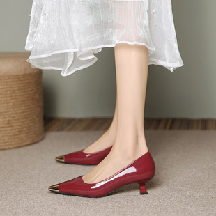红色细跟小跟3公分高跟鞋女气质高级感春秋配裙子软皮不累脚单鞋