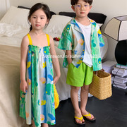 韩系童装女童绿色水墨画吊带裙夏季儿童翻领短袖衬衫兄妹装潮