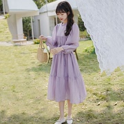 茶歇法式紫色连衣裙春装女2024年高级感显瘦仙女超仙森系长裙