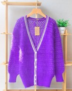 外贸原单紫色加厚柔软马海毛，开衫外套长袖毛衣秋冬保暖甜美上衣