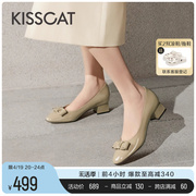KISSCAT接吻猫瑰丽系列2024春新气质蝴蝶结粗跟鞋舒适真皮单鞋