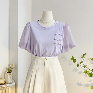 紫色新中式盘扣短袖t恤女夏季设计感雪纺拼接圆领，泡泡袖纯棉上衣