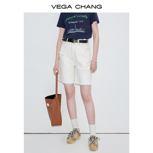 vegachang白色牛仔裤，女2024年夏季破洞毛边高腰，休闲五分短裤