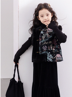 女童中式夹棉马甲丝绒长裙改良国风复古唐装，小女孩冬季气质拜年服