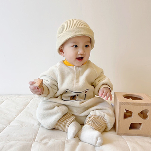 韩版冬装宝宝加绒保暖连体衣超萌洋气，小熊摇粒绒哈衣爬服婴儿衣服