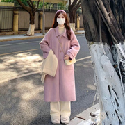 韩系秋冬季复古赫本风紫色单排扣毛呢外套小个子呢子大衣女中长款
