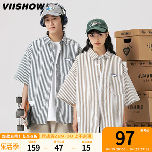 VIISHOW潮牌日系条纹短袖衬衫男2024夏季情侣宽松百搭上衣服外套