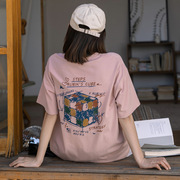 原创设计棉麻短袖T恤女夏季学院风宽松港风休闲印花粉色上衣ins潮