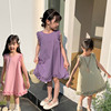 女童纯棉薄款背心裙无袖连衣裙花边裙子紫色薄荷绿气质度假裙夏季
