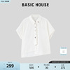 Basic House/百家好2024夏季清新甜美学院风刺绣斜边短袖衬衫