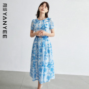 颜域时尚短袖圆领，印花连衣裙女夏装，2022年气质中长款碎花裙子