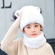 儿童兔毛保暖帽真皮獭，兔毛手缝编织皮草帽子，套装围脖冬季帽
