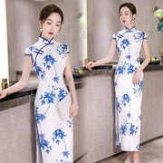 老上海青花瓷真丝绸旗袍，女中长款气质，改良版春夏季复古性感