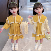 女童绣花针织开衫棉布裙两件套2023秋季女宝宝洋气时尚套装潮