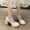 玛丽珍鞋女2023春秋白色法式高跟复古圆头小皮鞋粗跟漆皮单鞋