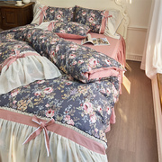 全棉复古油画感玫瑰花法式公主床裙款四件套，纯棉蕾丝花边被套床品