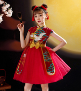 国潮女童旗袍夏季中国风红色，洋气儿童礼服，高端古风唐装走秀小女孩