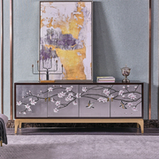 新中式电视柜烤漆茶几简约现代银箔彩绘轻奢客厅家具组合实木地柜