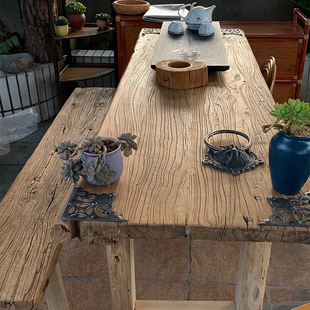 老榆木实木门板茶桌中式复古吧台原木风化茶台老门板餐桌怀旧木板