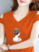 韩国露肩大码夏装v领短袖，t恤女士半袖，纯棉一字领上衣服体恤打底衫