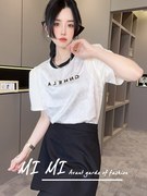 RR fashion 2024春季欧洲站短袖T恤女重工字母圆领泡泡袖上衣