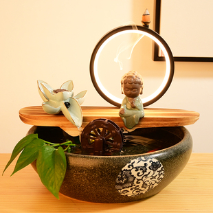 新中式创意客厅招财流水摆件，风水轮喷泉桌面，生财循环手工陶瓷鱼缸