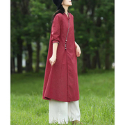 复古文艺小格子连衣裙女秋季亚麻棉，长款长袖宽松长裙子改良旗袍裙