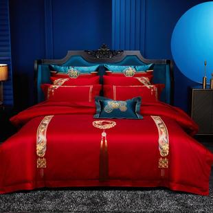 婚庆四件套全纯贡缎，提花婚房床单被套，大红色结婚床上用品棉刺绣