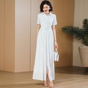 帝弗润驰2024夏季新法式(新法式)白色条纹衬衫连衣裙女气质设计感收腰长裙