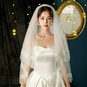 新娘头纱高级感细闪亮粉边水钻珍珠头纱结婚造型拍照婚纱头饰面纱