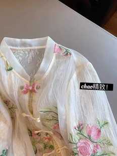 新中式国风玫瑰刺绣拼接蕾丝衬衫，夏季女2024复古雪纺，立领长袖衬衣
