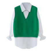 绿色马甲衬衫两件套女春秋，小个子针织坎肩，毛衣叠穿衬衣加无袖背心